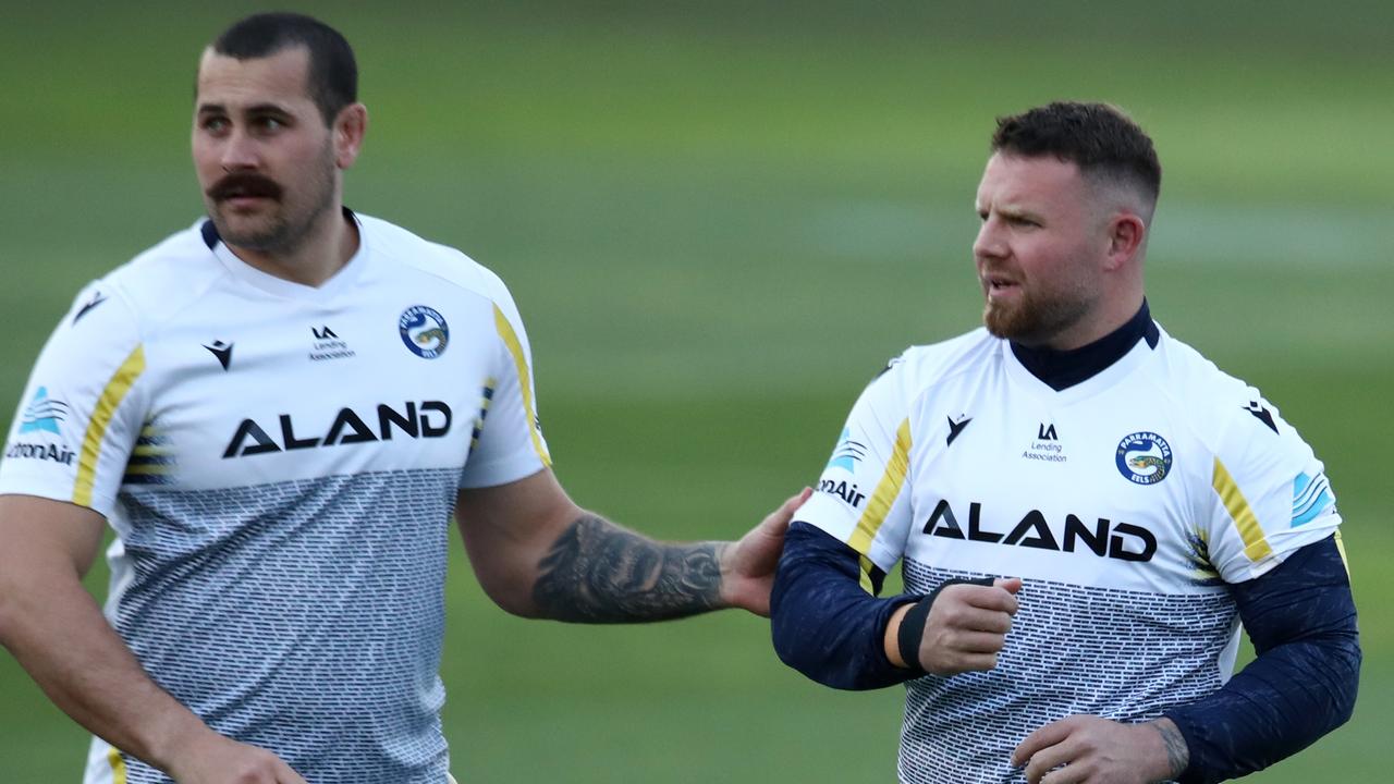 SYDNEY, AUSTRALIA - SEPTEMBER 30: Reagan Campbell-Gillard of the Eels and Nathan Brown of the Eels during a Parramatta Eels NRL training session at Kellyville Park on September 30, 2022 in Sydney, Australia. (Photo by Jason McCawley/Getty Images)