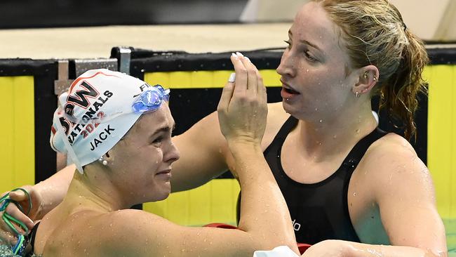 Shayna Jack of Australia reacts and hugs Mollie O'Callaghan after finishing second in the Womens 100 Metre Freestyle Final.