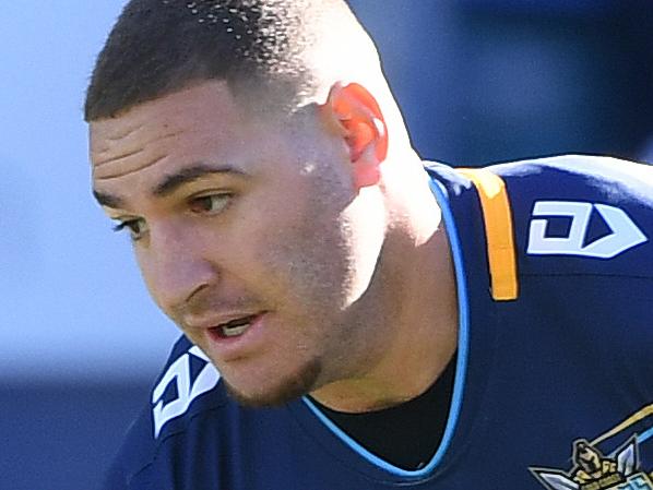 Brenko Lee of the Titans on his way to scoring a try during the Round 18 NRL match between the Gold Coast Titans and the Melbourne Storm at CBus Stadium on the Gold Coast, Sunday, July 21, 2019.  (AAP Image/Dave Hunt) NO ARCHIVING, EDITORIAL USE ONLY