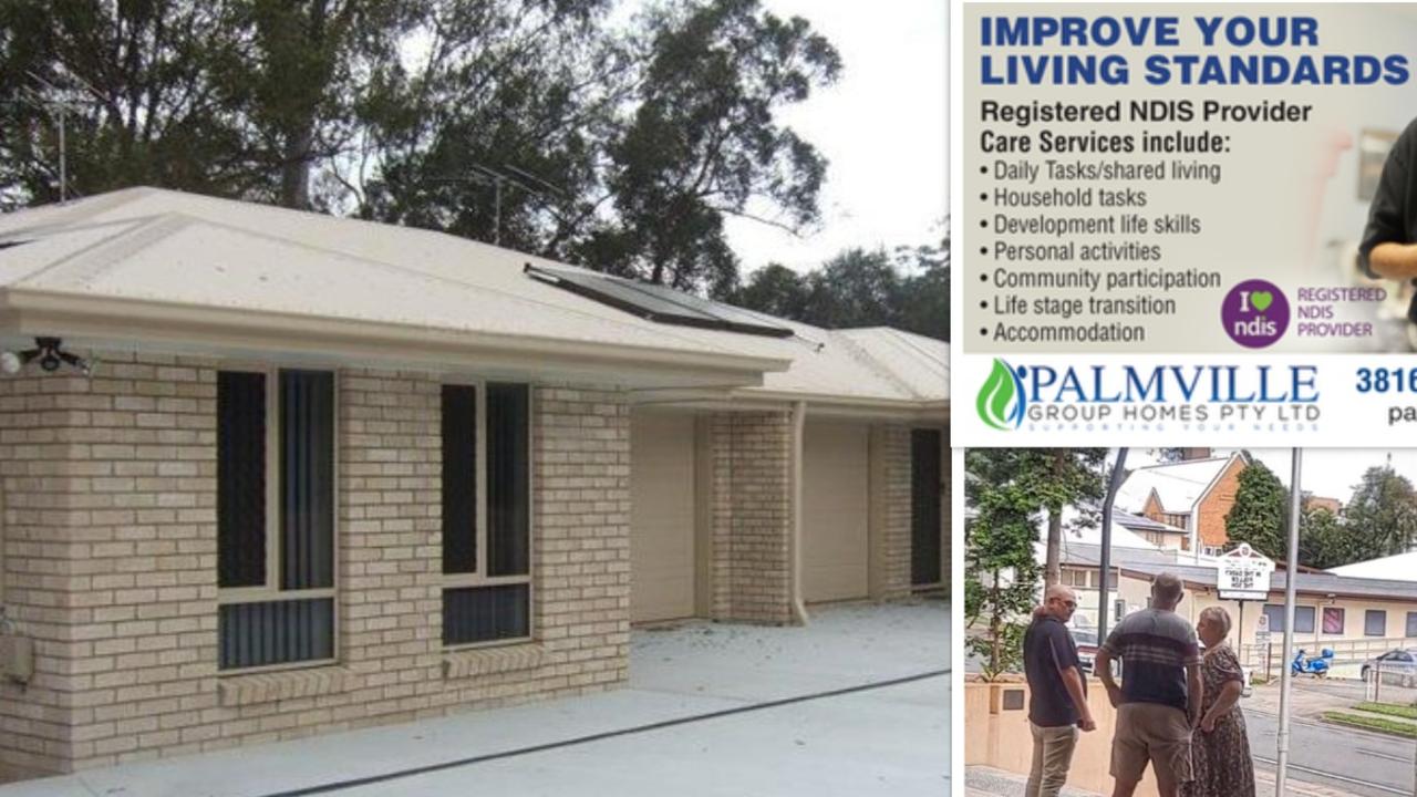 Clockwise from left: The Palmville Group Homes PTY LTD home at North Ipswich which was the subject of the court case; the company’s flyer; and the directors (left and right) of the company talking to a man (centre) at the Ipswich courthouse.