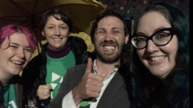 Ellie Smith, second from left, the teal independent candidate for Dickson at the 2025 federal election, volunteering for the Greens at the 2022 federal election. Picture: Facebook