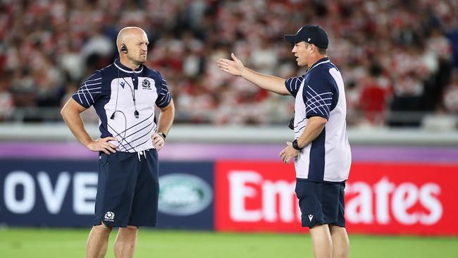 YOKOHAMA, JAPAN - OCTOBER 13: Gregor Townsend, Head coach of Scotland and assistant coach Matt Taylor in discussion prior to the Rugby World Cup 2019 Group A game between Japan and Scotland at International Stadium Yokohama on October 13, 2019 in Yokohama, Kanagawa, Japan. (Photo by Cameron Spencer/Getty Images)