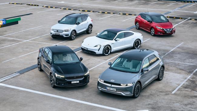 2021 EV COTY Nissan Leaf, Polestar 2, Hyundai Ioniq 5, Porsche Taycan, Volvo XC40 Recharge. Photo by Thomas Wielecki