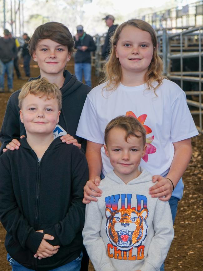 Siblings Jax, William, Laila and Chad Dunlop visiting the cattle saleyards for the first time. Picture: Rachel Simmonds