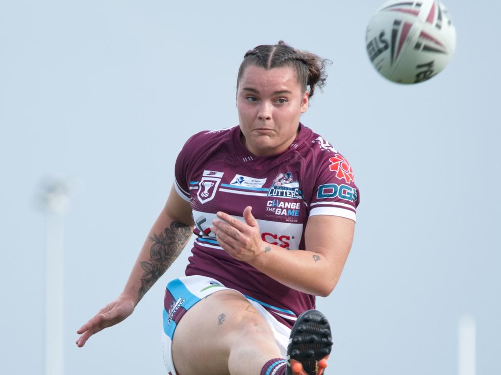 Zoe Cook adds to the scoreboard converting a try for the Cutters. Picture: Marty Strecker