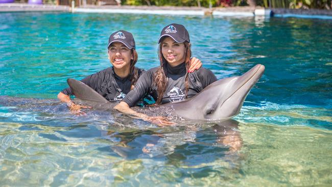 Sharmila Nicollet and Maha Haddioui at the Dolphin Marine Conservation Park.