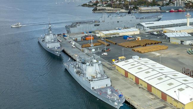 Navy ships HMAS Brisbane, HMAS Sydney and HMAS Adelaide all in port in Hobart. Picture: Rob Burnett/TasPorts