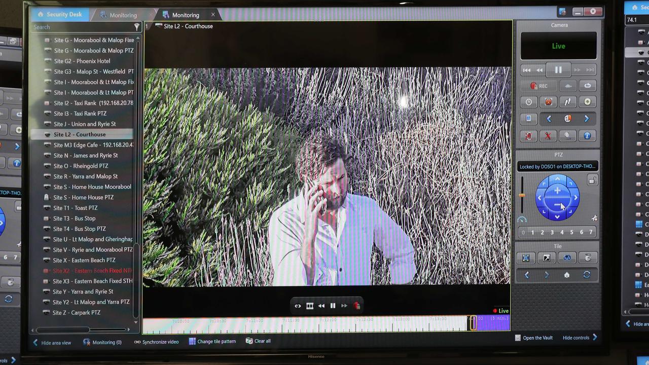 Geelong Advertiser reporter Mark Murray is located outside Geelong court and tracked from inside the CCTV monitoring and control room at Geelong Police Station. Picture: Alan Barber.