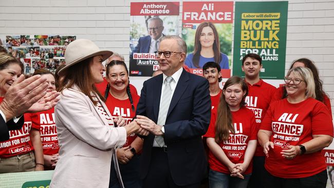 Anthony Albanese stops into Peter Dutton’s electorate of Dickson on the final full day of campaigning with Labor candidate Ali France and volunteers at her office in Strathpine. Picture: Tara Croser