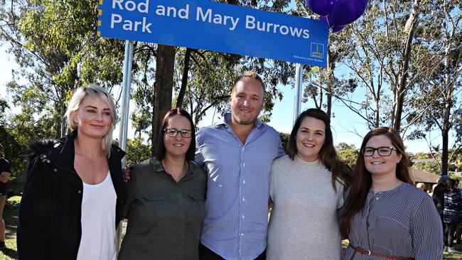 The Lawton and Burrows' families together as they come together for the renaming of a park in their parents' honour.Amanda Brinckman, Glenda Brinckman, Jayden Burrows and Karla McMaster and Melissa Lawton.Pic Annette Dew