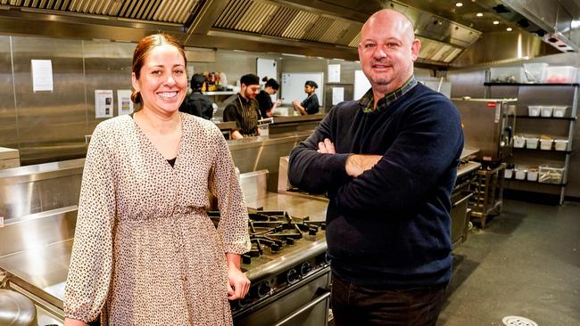 Chef Emma McCaskill and Adelaide Institute of Hospitality (AIOH) manager Ben Sharp at AIOH’s training kitchen on Pirie St in the city. Picture: Mike Burton