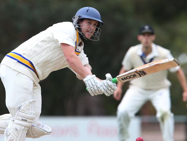 David King batting for Ringwood during the Ringwood V Melbourne University game played at Russell Lucas Oval in Ringwood. Saturday, March 7. 2015. Picture: David Crosling