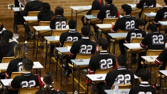 Cherrybrook Technology High School Year 12 students at the end of their English exam in 2022. Picture: Jonathan Ng