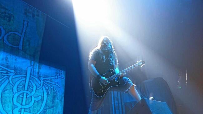 Lamb of God's Mark Moreton during the gig at the Brisbane Entertainment Centre. Picture: Asagai Images