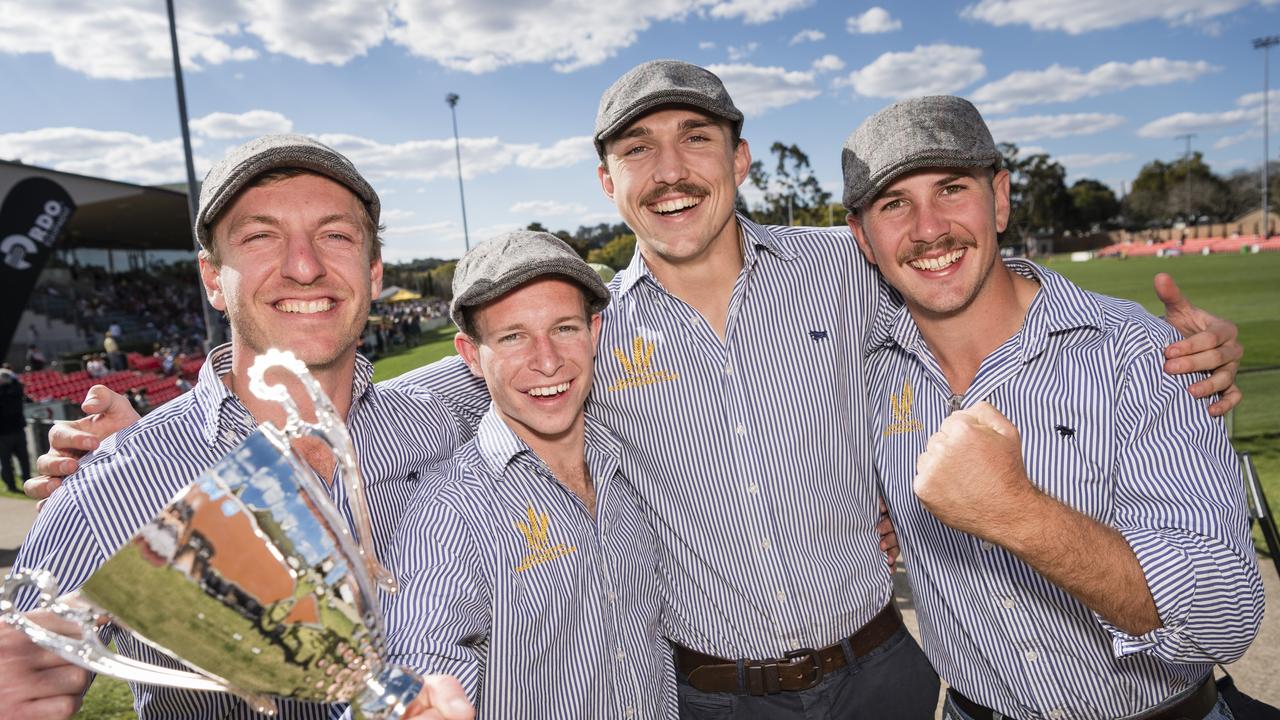 Showing off the silverware is Dalby Wheatman C Grade vice captain Joey Farrell with other club members. Picture: Kevin Farmer