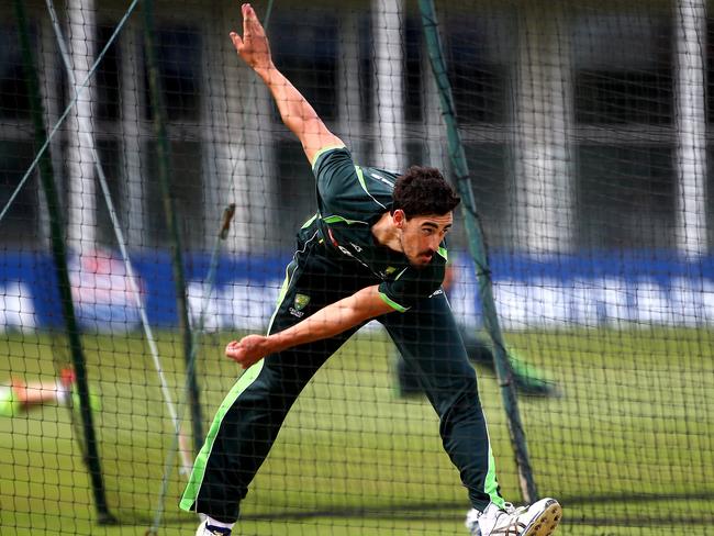 Mitchell Starc in action during a nets session.