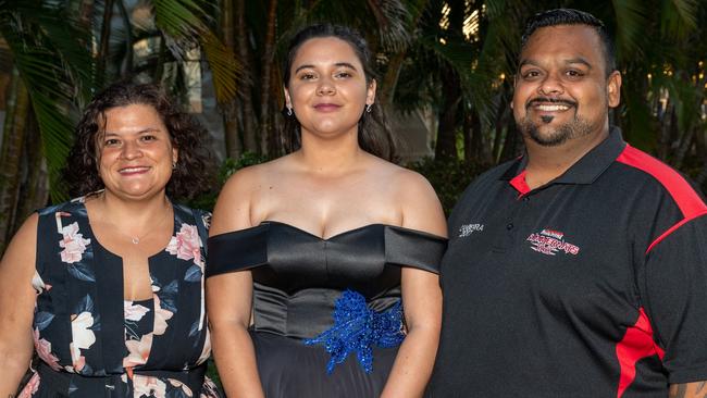 Jo Hanif, Sophia Jeffries and Zaim Hanif at the Mackay Northern Beaches State High School Senior Formal Class of 2022 held at Mantra Mackay Marina. Picture: Michaela Harlow