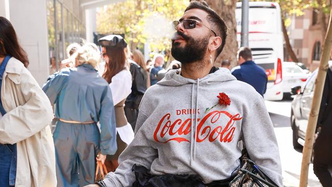 Deni Tudorovic arrives at Nadia Bartel’s show with his “capacious bag”. Picture: Justin Lloyd.