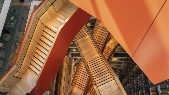 3 Parramatta Square’s funky, asymmetrical stairs branching from the lobby.