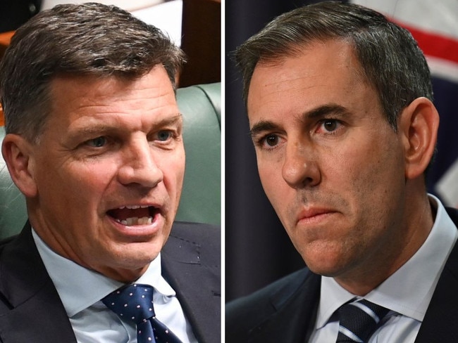 Shadow Treasurer Angus Taylor and Treasurer Jim Chalmers are at loggerheads over the reforms of the RBA. Picture: NewsWire / Martin Ollman