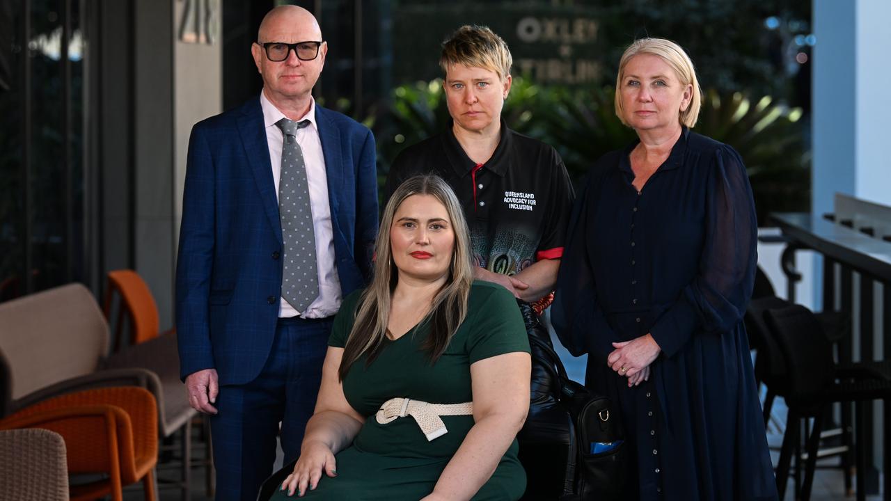 Representatives of disability groups (L to R) Simon Burchill, Marayke Jonkers (front), Matilda Alexander and Michelle Moss held a press conference to respond to the government’s response. Picture: Dan Peled / NewsWire