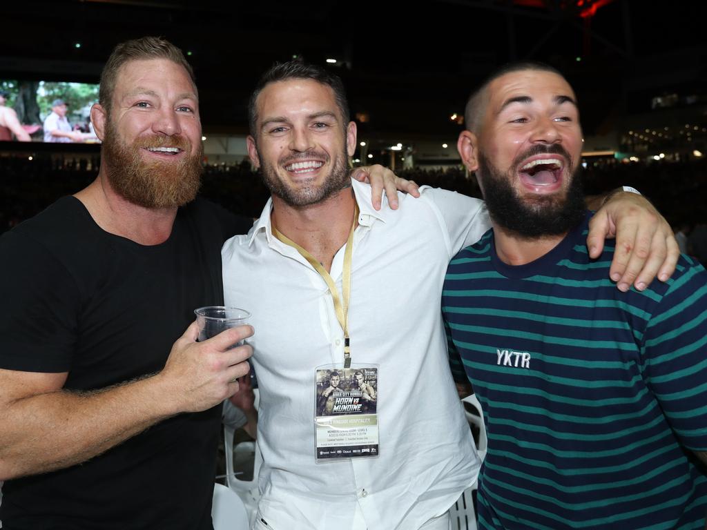 Michael Crocker, Dan Conn and Nathan Peats at Horn-Mundine at Suncorp Stadium. Picture: Annette Dew