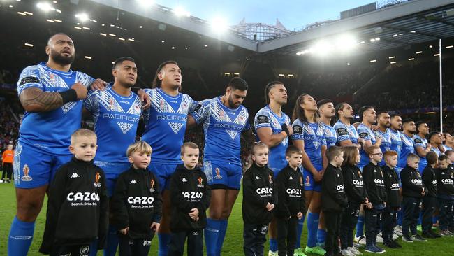 No linking of the arms for Luai during Samoa’s anthem. (Photo by Jan Kruger/Getty Images for RLWC)