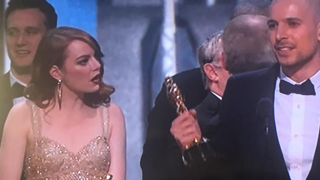 La La Land star Emma Stone and Fred Berger react to the wrong announcement.