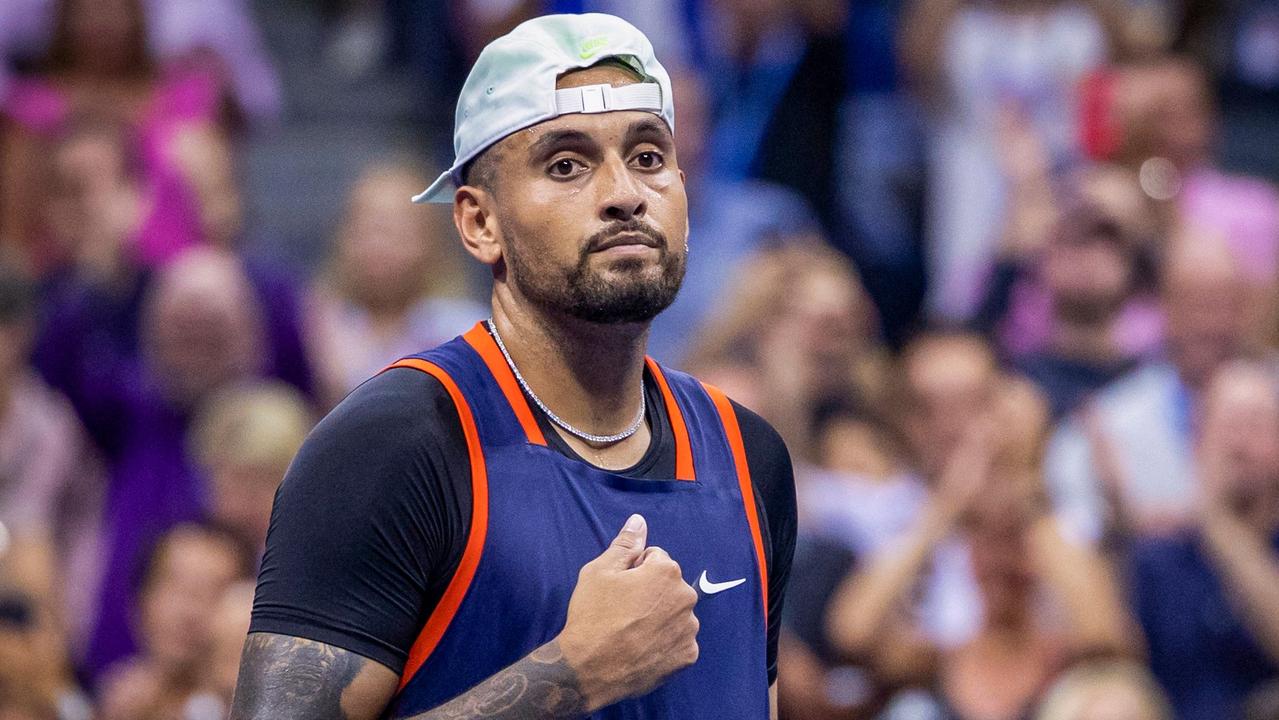 Australia's Nick Kyrgios celebrates his win against Russia's Daniil Medvedev in their 2022 US Open Tennis tournament men's singles Round of 16 match at the USTA Billie Jean King National Tennis Center in New York, on September 4, 2022. (Photo by COREY SIPKIN / AFP)