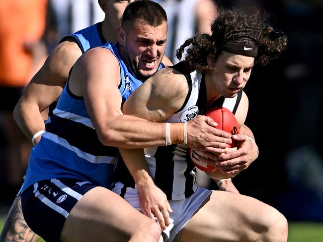 WRFL: Point Cook Centrals’ Mark Hanson wraps up Samuel Dukic of Parkside. Picture: Andy Brownbill