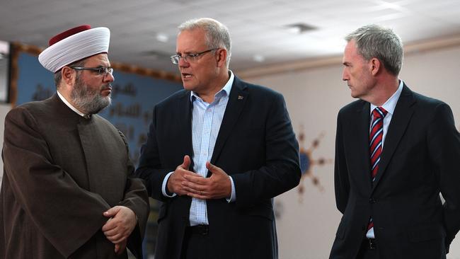 Prime Minister Scott Morrison met Sheik Yahya Safi, head imam at Lakemba mosque along with Immigration Minister David Coleman following the Christchurch terror attack. Picture: AAP/Dan Himbrechts