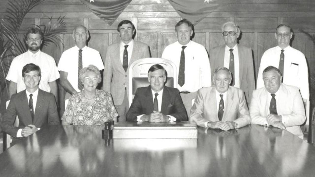 Standing L-R, Barry Williams, Jim McRae, Jime Rundle, John Broad, Merv Kidd (Town Clerk) and Bruce Simpson. Sitting L-R, Steven Schwarten, Bray Gray, Mayor Jim Webber, Col Brown and Terry Moore.