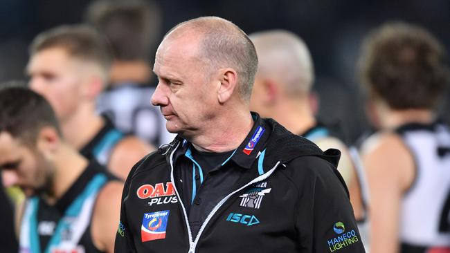 Ken Hinkley during Port’s win over Melbourne on Friday night. Picture: David Mariuz (AAP).