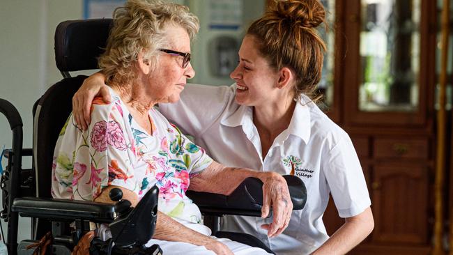 Elsie Vicary and nurse Emily Moses at Gunther Retirement Village in Gayndah, Queensland. Picture: Paul Beutel