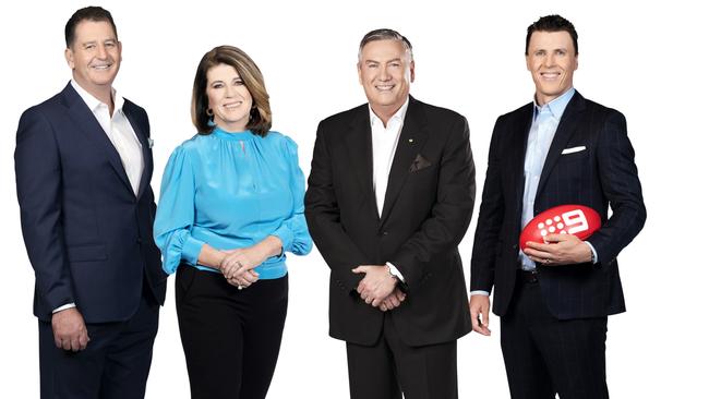 The Footy Classified panel for 2020 – Ross Lyon, Caroline Wilson, Eddie McGuire and Matthew Lloyd.