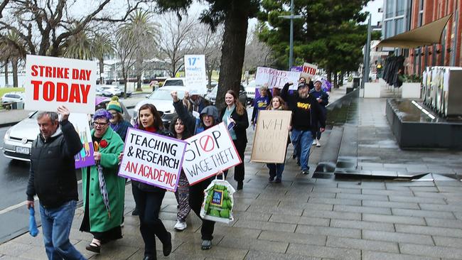 Deakin union members protesting at the Waterfront campus in July, the first time in 10 years Deakin workers have elected to go on strike. Picture: Alan Barber