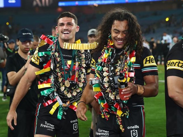 Nathan Cleary and Jarome Luai celebrate their 2023 grand final win. Credit: NRL Imagery