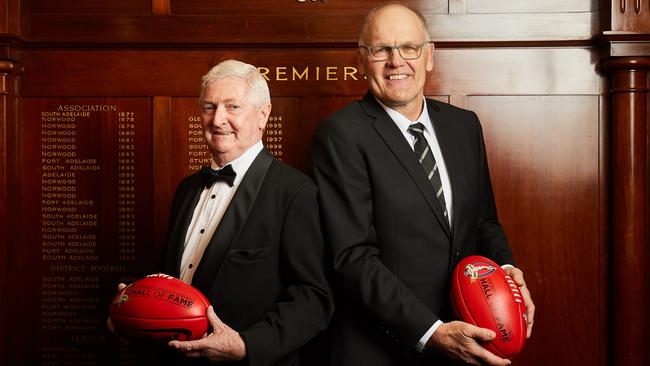 Peter Vivian and Darren Smith pose for a picture at Adelaide Oval after being inducted into the SA Football Hall of Fame on Wednesday. Picture: Matt Loxton