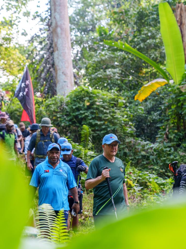 Mr Albanese slipped over at least once while walking a section of the notoriously challenging trek. Picture: NCA NewsWire via the Australian Prime Minister’s Office
