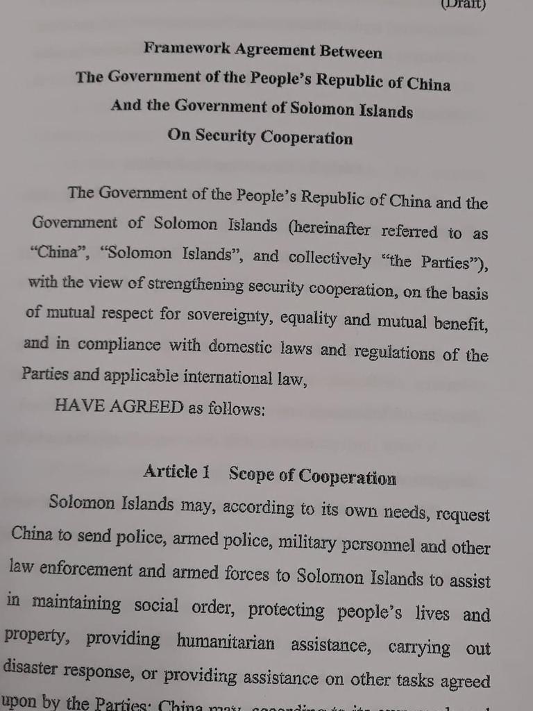 The draft security co-operation agreement between China and Solomon Islands was leaked on social media on March 24. Picture: Twitter