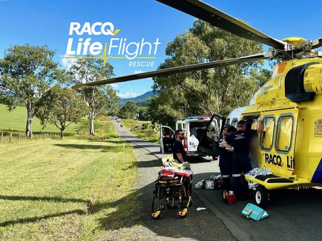 A man has been left seriously injured following a motorbike crash southeast of Toowoomba. Picture: RACQ LifeFlight Rescue