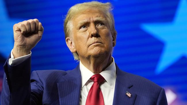 Republican presidential nominee former President Donald Trump gestures at a campaign rally on Wednesday. Picture: AP