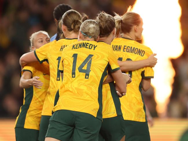 MELBOURNE, AUSTRALIA - JULY 14: Mary Fowler of the Matildas celebrates scoring a goal with team mates during the International Friendly match between the Australia Matildas and France at Marvel Stadium on July 14, 2023 in Melbourne, Australia. (Photo by Robert Cianflone/Getty Images)