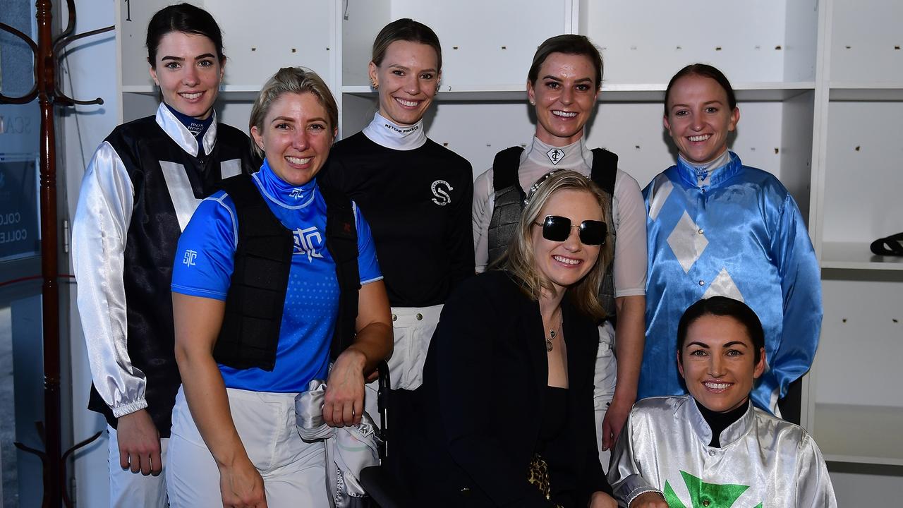 Injured jockey Leah Kilner (in the wheelchair) left to right – jockey Angela Jones, Stephanie Thornton, Wendy Peel, Maddie Wishart and Tegan Harrison (front). Picture: Grant Peters Trackside Photography