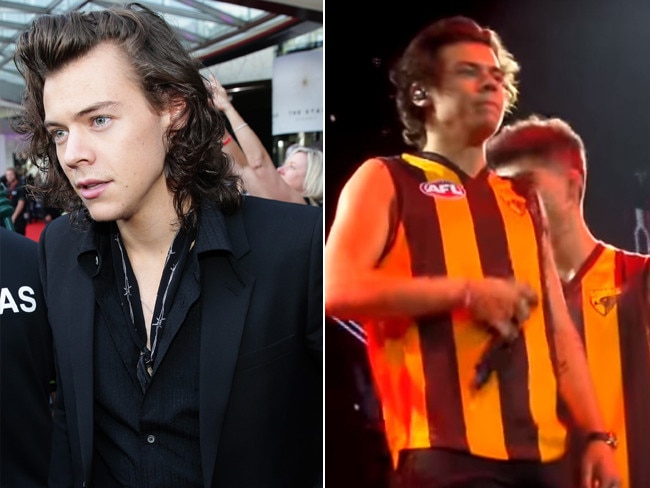 One Direction’s Harry Styles made waves in 2013 when members of the band wore Hawthorn jumpers on stage.