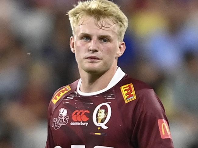 TOWNSVILLE, AUSTRALIA - FEBRUARY 25:  Tom Lynagh of the Reds looks on during the round one Super Rugby Pacific match between Queensland Reds and Hurricanes at Queensland Country Bank Stadium, on February 25, 2023, in Townsville, Australia. (Photo by Ian Hitchcock/Getty Images)