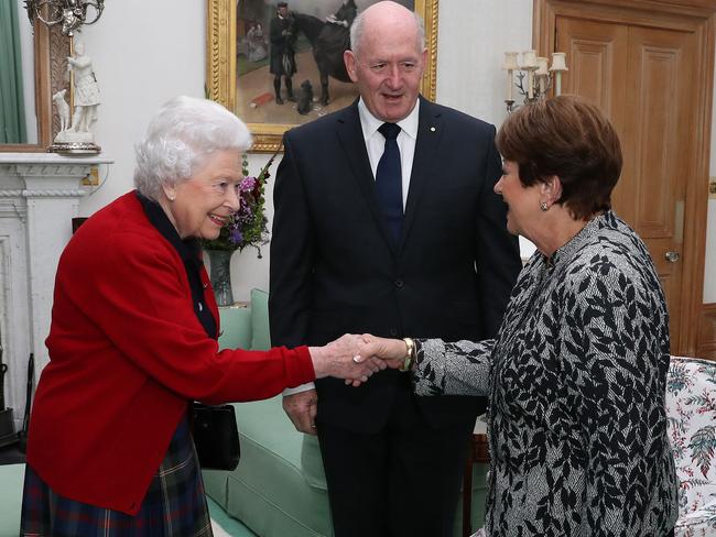 Governor-General Sir Peter Cosgrove with Lady Cosgrove as they meet Queen Elizabeth II during a private audience in the Drawing Room at Balmoral Castle. Picture: Getty