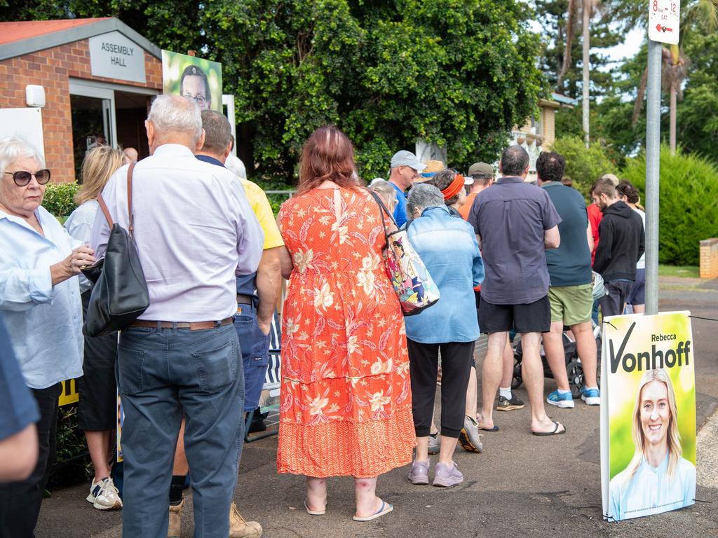 Voters line up at Toowoomba East State School booth. Picture: Bev Lacey