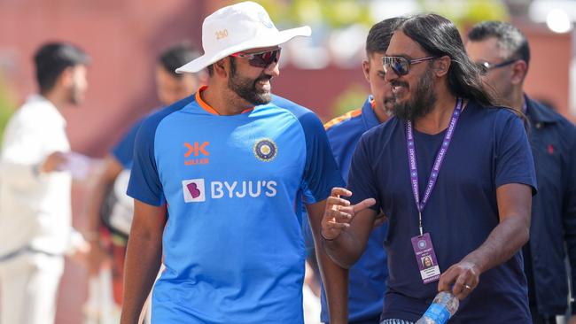 Bharat shares a laugh with Indian captain Rohit Sharma in Delhi in 2023.