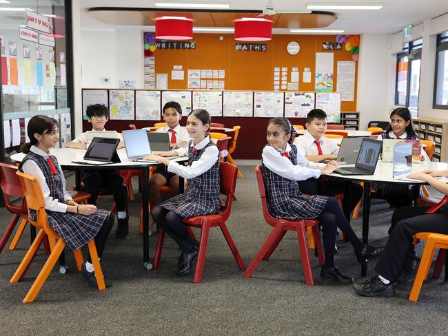 WEEKEND TELEGRAPHS SPECIAL. MAY 9, 2024. PLEASE CONTACT WEEKEND PIC EDITOR JEFF DARMANIN BEFORE PUBLISHING.Pictured are students (L-R) Simra 11, Lucas 11, Rafael 11, Estella 11, Kayla 12, Xavier 11, Saajh 11 and Harrison 12, at Sydney's Largest School, Riverbank Public School that has over 2000 kids. Picture: Tim Hunter.